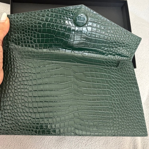 SAINT LAURENT YSL Dark Mint Green Uptown Croc Print Med Envelope Pouch Clutch - Picture 7 of 12
